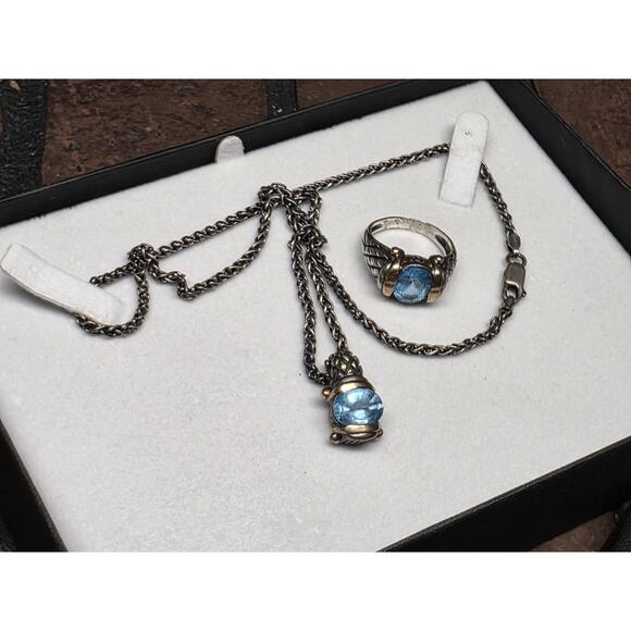 Ladies STERLING SILVER LIGHT BLUE TOPAZ NECKLACE And Ring Set - Picture 1 of 7